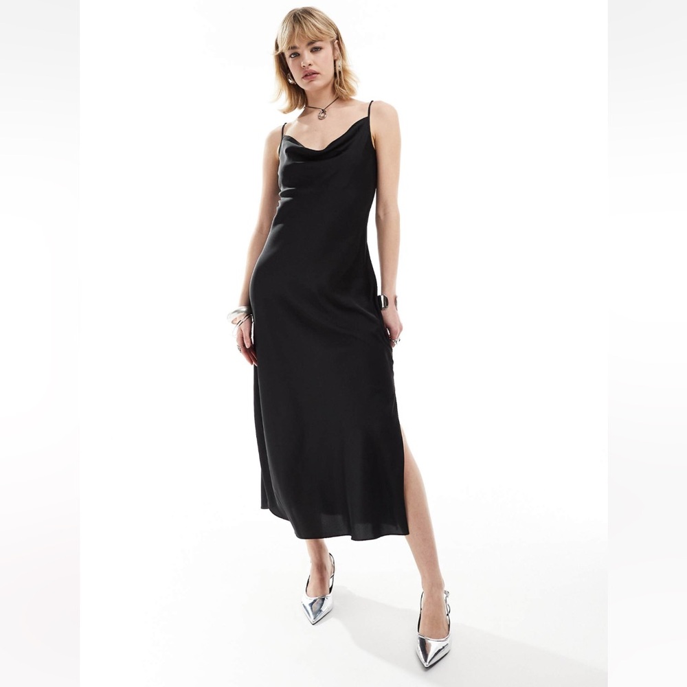 AllSaints Hadley Satin Midi Slip Dress in Black